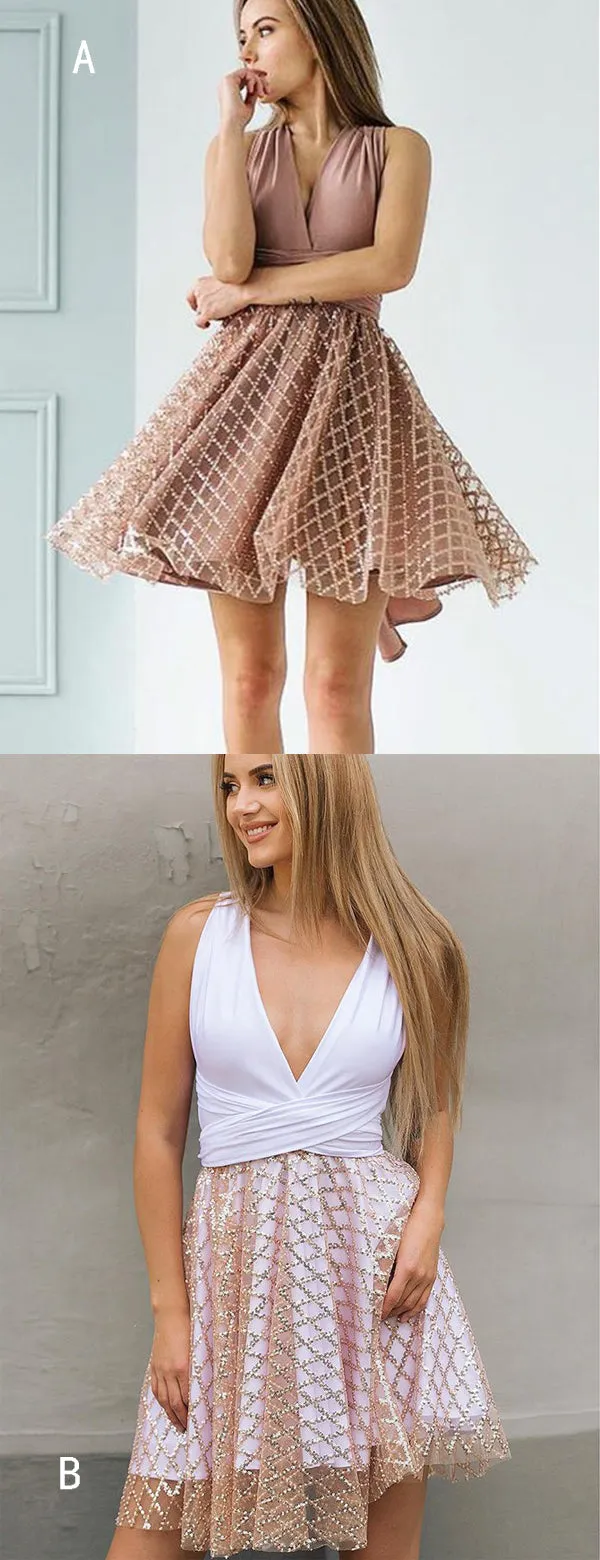 Dusty Pink Jersey Convertible Top Sequined Plaid Skirt Homecoming Dresses,HD0053